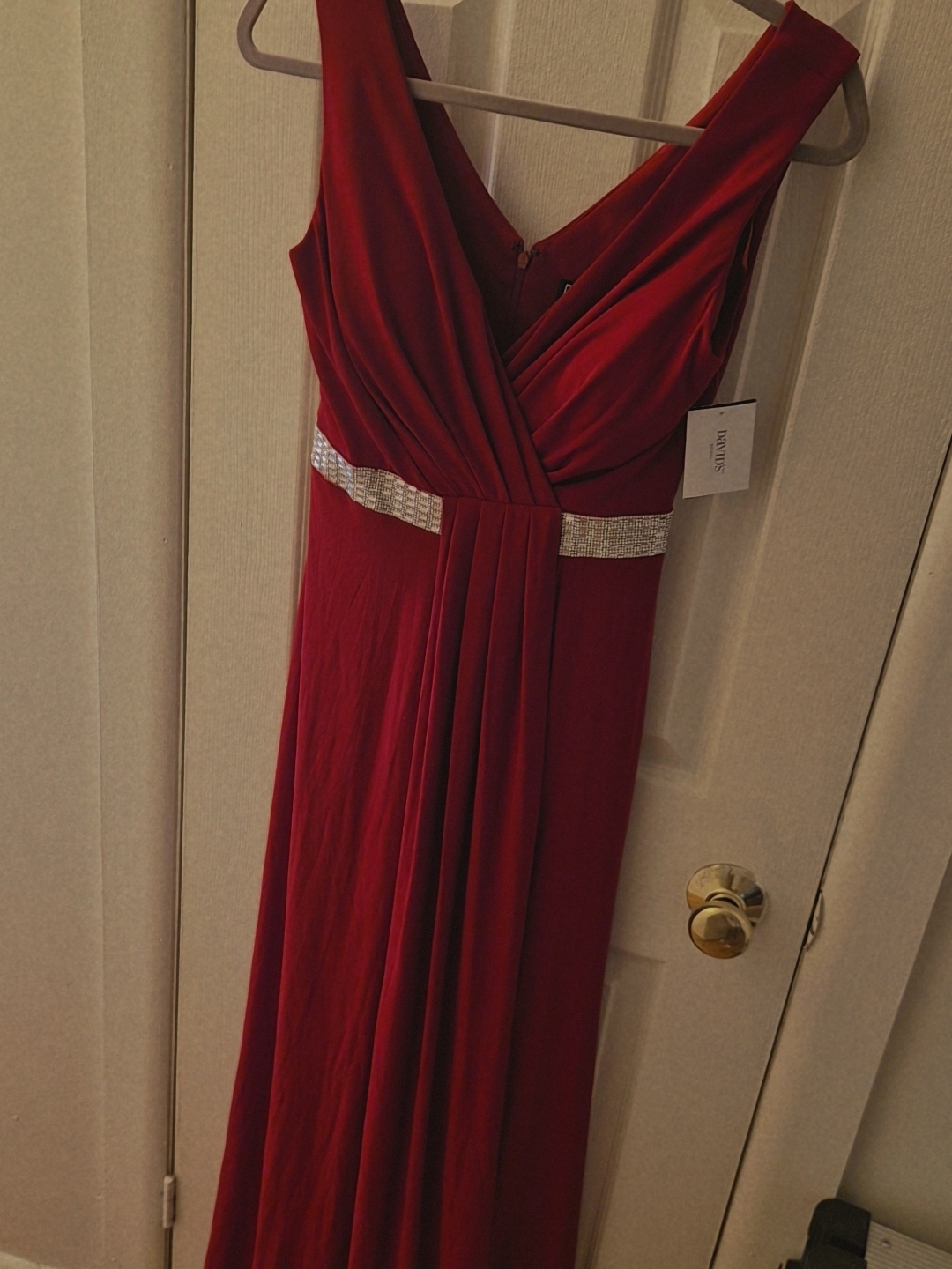 David's Bridal Deep Red Sleeveless V-Neck Maxi Dress With Rhinestone Waist
